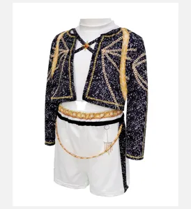 Detailed view of children's stage performance costume with black jacket and shorts.