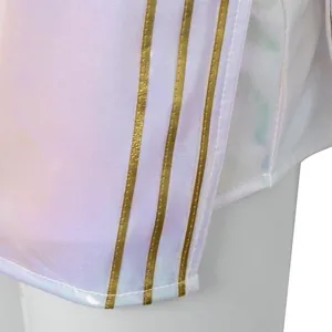 Detailed view of kids K-POP cosplay stage costume with gradient fabric and stripes.