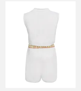 Children cosplay stage performance white crop top and shorts outfit back view detail display