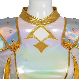 Close-up detail of gradient iridescent cosplay costume top with golden shoulder armor and tassels.