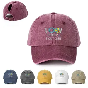 Pool Hair Don't Care Ponytail Baseball Cap For Women Breathable Sun Protection Distressed Washed Polyester Adjustable Hat