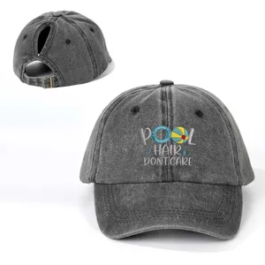 Distressed grey ponytail baseball cap with pool hair dont care print for outdoor casual wear.