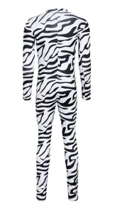Detailed view of the black and white zebra pattern digital print full bodysuit.