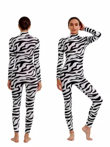 Women Kids Zebra Printed Long Sleeve Stand Collar Jumpsuit Halloween Party Cosplay Costume