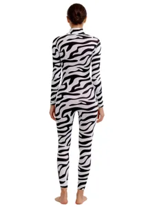 Adult zebra print catsuit stretch lycra costume for Halloween party and stage performance.