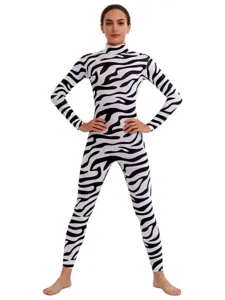 Adult zebra print tight catsuit full body animal costume for Halloween stage party wear.