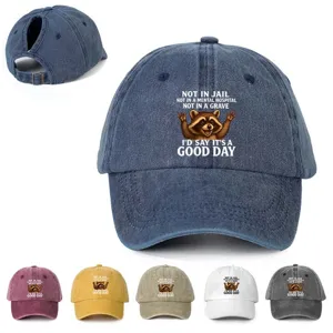 Gorra de Béisbol de Coleta de Poliéster Desgastado Con Estampado de Mapache Sombrero de Sol Ajustable para Hombre Mujer Casual Diario