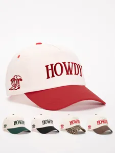 Embroidered HOWDY colorblock baseball cap with adjustable strap for outdoor and casual wear.