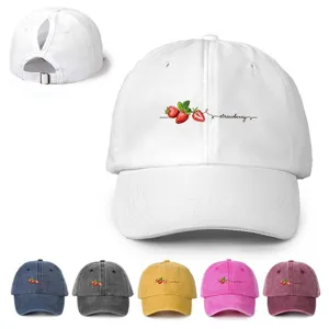 Polyester Strawberry Letter Printed Ponytail Baseball Cap Adjustable Curved Brim Sun Protection Outdoor Breathable Sports Hat For Men Women