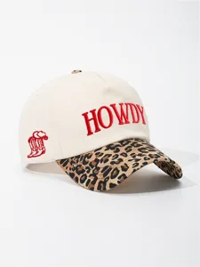 Leopard print colorblock baseball cap with red HOWDY embroidery and cowboy boot detail.