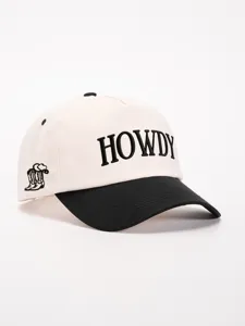 Stylish and trendy two-tone baseball cap with HOWDY embroidery and cowboy boot detail.