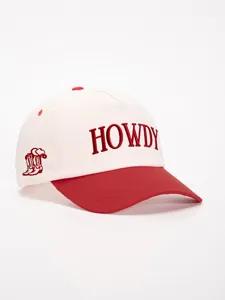 Red and white baseball cap with HOWDY embroidery and cowboy boot detail. Adjustable casual hat.