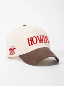 Embroidered HOWDY colorblock baseball cap detail view, featuring brown brim and red stitching.