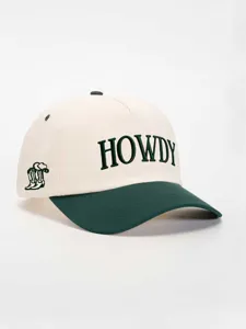 Green brim cream baseball cap with Howdy embroidery and side cowboy boot graphic for outdoor.