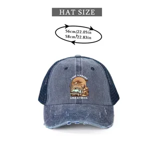 Vintage ξεwashed denim trucker καπέλο με ρετρό γραφικά φορτηγού και ρυθμιζόμενο μέγεθος.