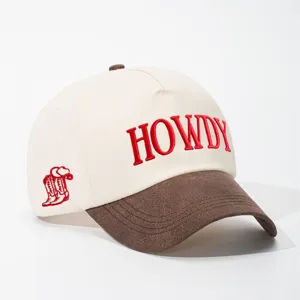 Contrast color baseball cap with red HOWDY embroidery and suede brim, casual outdoor wear main view