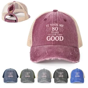 Women Ponytail Baseball Cap Distressed Washed Mesh Trucker Hat Funny Letter Print Adjustable Sun Shade Outdoor Cap