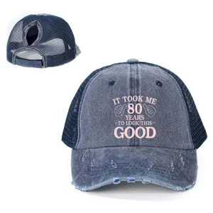 Distressed denim ponytail baseball cap with 80th birthday graphic text, breathable mesh.