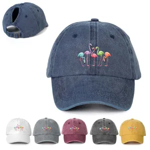 Women Ponytail Baseball Cap Polyester Printed Flamingo Outdoor Adjustable Sun Protection Curved Brim Mesh Cap Gift Sport Hat
