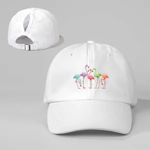 White multi-color flamingo print ponytail baseball cap with adjustable metal buckle back detail