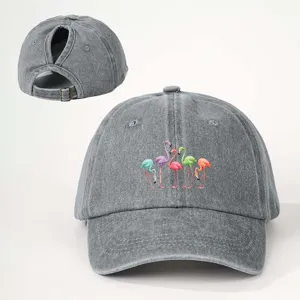 Washed denim ponytail baseball cap with colorful flamingos print, adjustable strap back for outdoor.