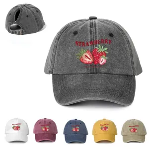 Washed Polyester Strawberry Pattern Ponytail Baseball Cap Adjustable Distressed Letter Print Sun Protection Outdoor Hat