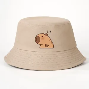 Khaki Fischerhut mit süßem Capybara-Cartoon-Druck, Sonnenschutz Outdoor-Sonnenhut.