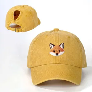 Yellow embroidered fox ponytail baseball cap for women, adjustable outdoor cotton hat.