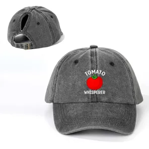 Gewaschene graue Pferdeschwanz Baseballkappe mit Tomatenprint und verstellbarem Riemen.