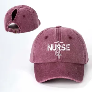 Gewaschene Pferdeschwanz-Baseballkappe mit Nurse-Life-Druck, verstellbare Baumwollmütze.