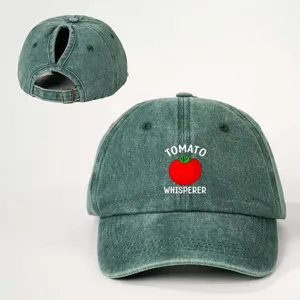 Gewaschene grüne Pferdeschwanz-Baseballkappe mit niedlichem Tomaten-Motiv und Spruch für Outdoor.