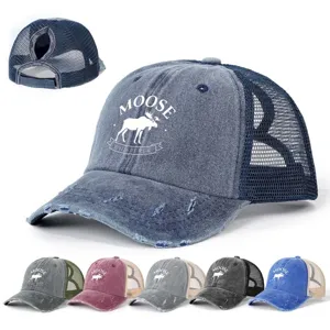 Gorra de Béisbol con Coleta Lavada Vintage de Poliéster Impresión Digital Patrón de Alce Protección Solar al Aire Libre