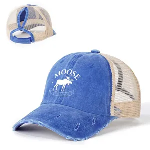 Gorra de béisbol de malla azul desgastada con estampado de alce y correa trasera ajustable.