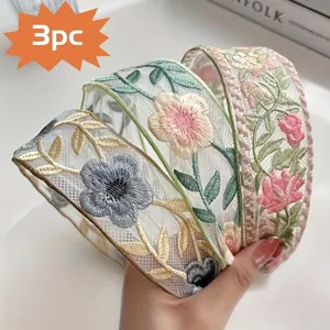 Elegant Ethnic Style Mesh Embroidered Floral Headband Women Fabric Wide-Brimmed Hair Hoop Hair Accessories