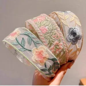 New Chinese style mesh embroidered floral headband, wide sheer hair hoop for women accessory.