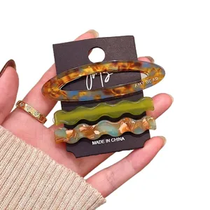 Acetate hair clips set of 3 elegant tortoise shell and green wavy side hair clips for women styling
