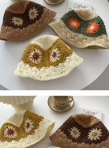 Handgemachte Häkelblumen Eimerhut für Damen, stilvoller Strohhut für Frühling und Sommer.