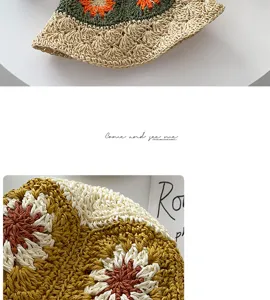 Handgemachte Häkelblumen Stroh Bucket Hat Detail, sommerlicher Sonnenschutz Strandhut.