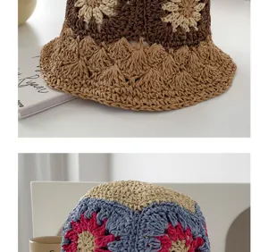 Detailansicht handgefertigter Häkelblumen-Strohhut, Sommer Sonnenschutz Strand Fischerhut.