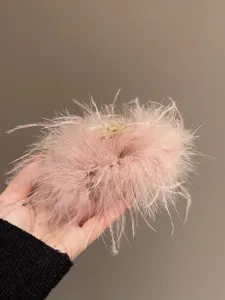 Pink feather hair claw clip fluffy plush shark clip elegant back head half updo hair accessory
