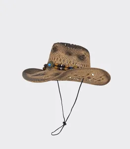 Sombrero de paja tejido estilo occidental con cuentas, sombrero de playa sol retro verano.