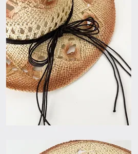 Vista detallada del sombrero de paja vintage con diseño calado y elegante lazo negro.