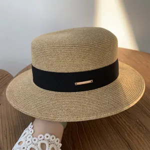 Sombrero de paja mujer sombrero de sol plano verano playa con cinta negra y placa