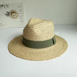 Damen Sommer Raffia Strohhut Flache Krempe Fedora Sonne Strandhut Mit Gruenem Band