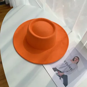 Oranje wollen platte hoed vrouwen elegante brede rand fedora hoed vilt jazz cap herfst winter.