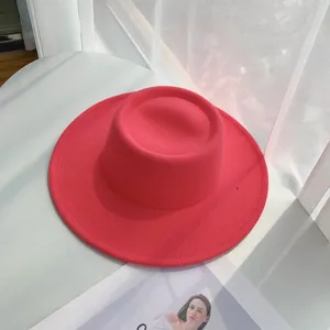 Roze wol platte top fedora hoed brede rand jazz hoed stijlvolle winter warme vilt hoed