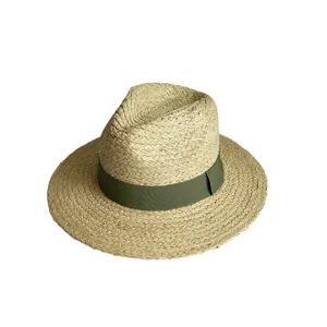 Handgeflochtener Bast-Fedora-Sonnenhut mit grünem Band, klassischer Sommer-Strand-Strohhut für Damen.