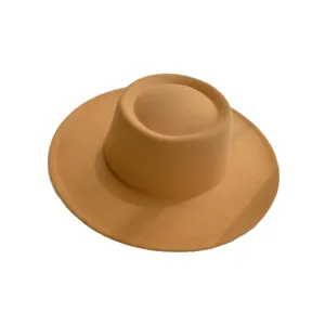 Unisex Brede Rand Fedora Hoed Vintage Britse Stijl Platte Bovenkant Wollen Vilt Jazz Pet Herfst Winter Effen Kleur Warme Zonnehoed
