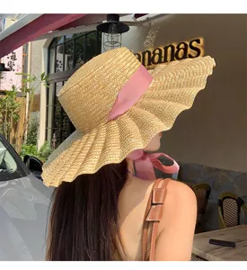 Cappello di paglia donna tesa larga nastro francese bordo ondulato cappello sole mare