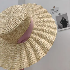 Cappello di Paglia Donna Estate Tesa Ondulata Piatta Nastro Rosa Cappello Sole Spiaggia
